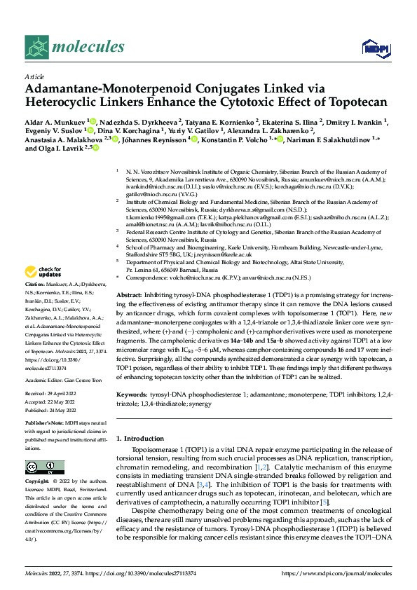 Adamantane-Monoterpenoid Conjugates Linked via Heterocyclic Linkers Enhance the Cytotoxic Effect of Topotecan. Thumbnail
