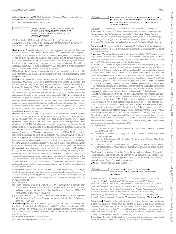 A SYSTEMATIC REVIEW OF INTERNATIONAL GUIDELINES REGARDING THE ROLE OF RADIOGRAPHY IN THE DIAGNOSIS OF OSTEOARTHRITIS Thumbnail