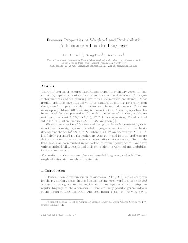 Freeness properties of weighted and probabilistic automata over bounded languages Thumbnail