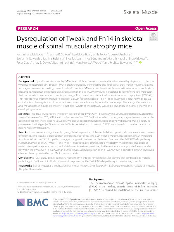 Dysregulation of Tweak and Fn14 in skeletal muscle of spinal muscular atrophy mice Thumbnail