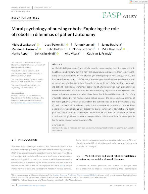 Moral psychology of nursing robots: Exploring the role of robots in dilemmas of patient autonomy Thumbnail