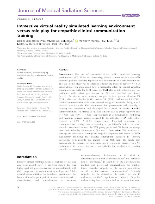 Immersive virtual reality simulated learning environment versus role-play for empathic clinical communication training. Thumbnail