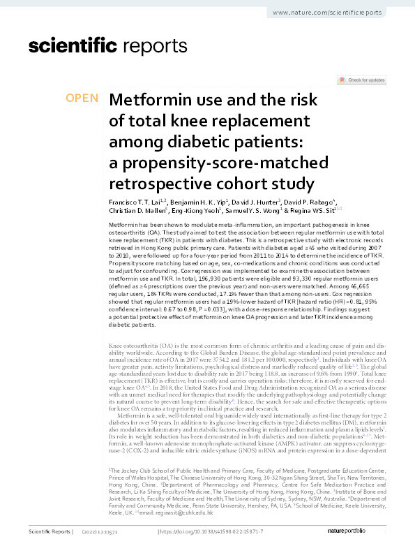 Metformin use and the risk of total knee replacement among diabetic patients: a propensity-score-matched retrospective cohort study. Thumbnail