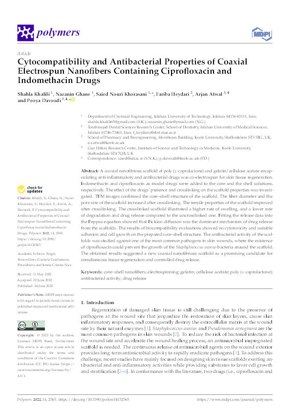 Cytocompatibility and Antibacterial Properties of Coaxial Electrospun Nanofibers Containing Ciprofloxacin and Indomethacin Drugs. Thumbnail
