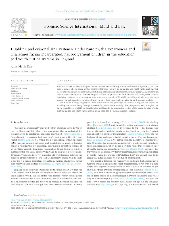Disabling and Criminalising systems? Understanding the experiences and challenges facing incarcerated, neurodivergent children in the education and youth justice systems in England Thumbnail