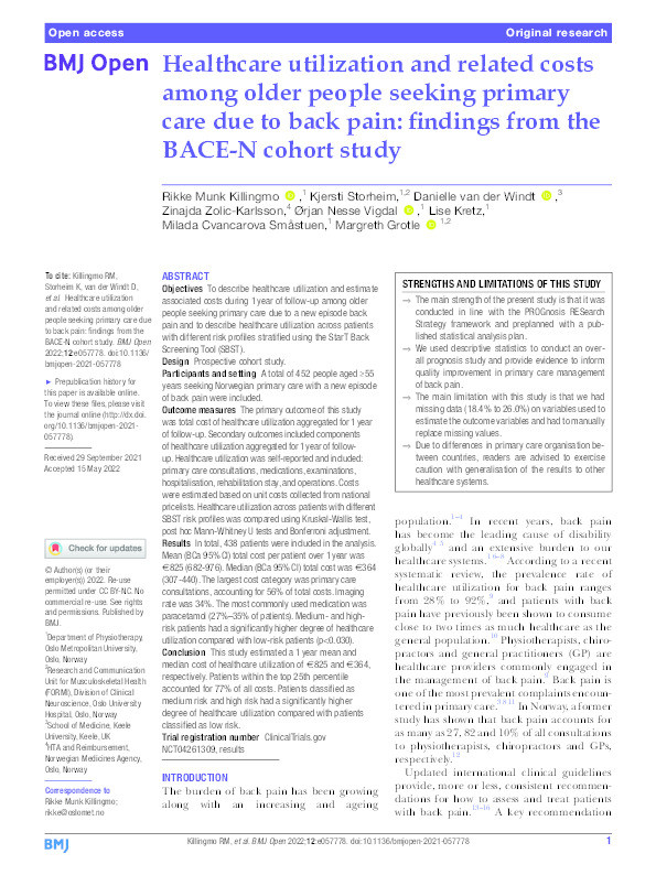 Healthcare utilization and related costs among older people seeking primary care due to back pain: findings from the BACE-N cohort study Thumbnail