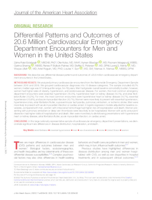 Differential patterns and outcomes of over 20.6 million cardiovascular emergency department encounters for men and women in the USA Thumbnail