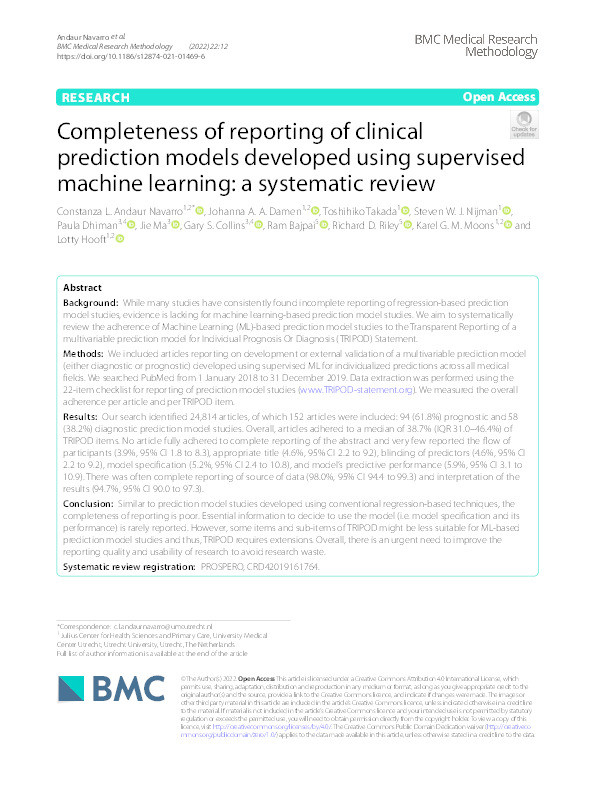 Completeness of reporting of clinical prediction models developed using supervised machine learning: a systematic review Thumbnail