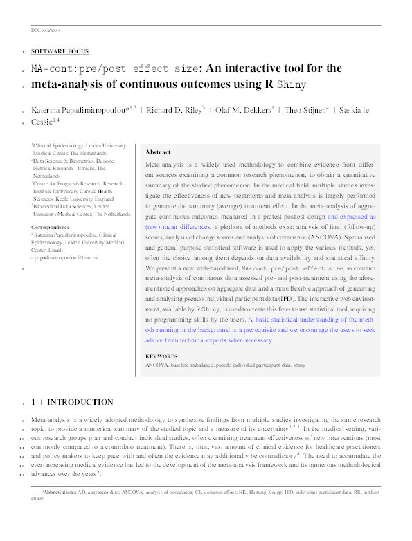 MA-cont:pre/post effect size: An interactive tool for the meta-analysis of continuous outcomes using R Shiny. Thumbnail