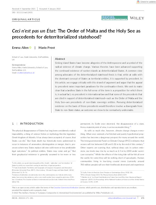 Ceci n’est pas un État: The Order of Malta and the Holy See as precedents for deterritorialized statehood? Thumbnail