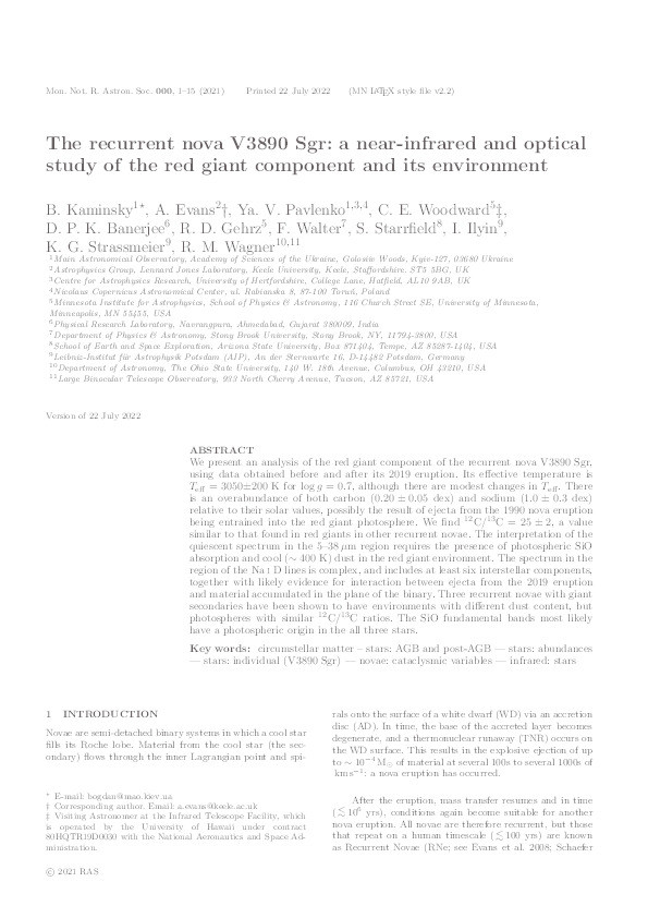 The recurrent nova V3890 Sgr: a near-infrared and optical study of the red giant component and its environment Thumbnail