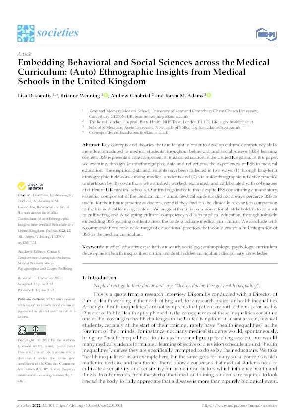 Embedding Behavioral and Social Sciences across the Medical Curriculum: (Auto) Ethnographic Insights from Medical Schools in the United Kingdom Thumbnail