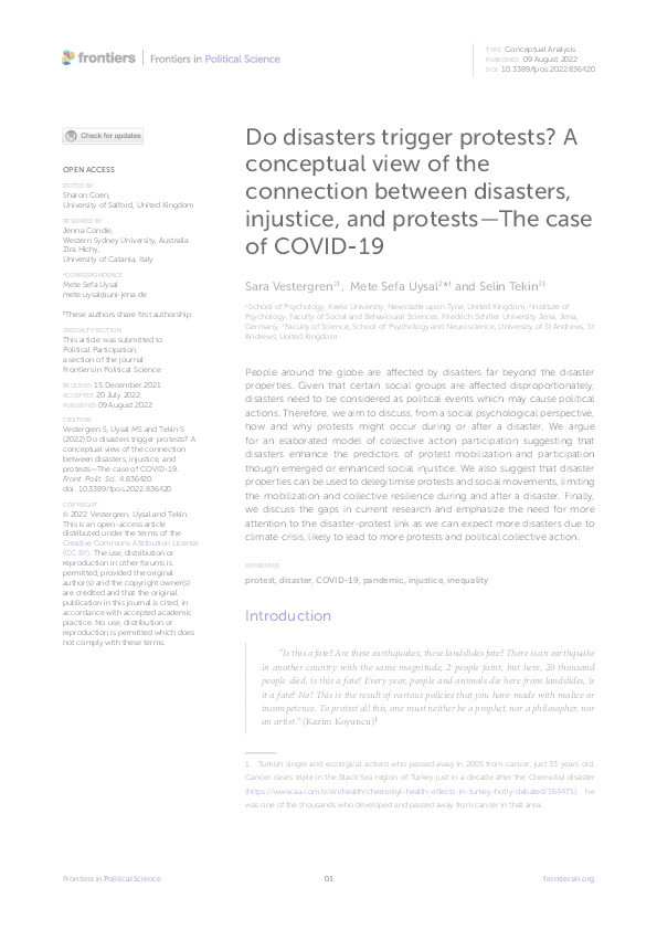 Do disasters trigger protests? A conceptual view of the connection between disasters, injustice, and protests – the case of COVID-19 Thumbnail