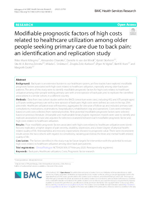 Modifiable prognostic factors of high costs related to healthcare utilization among older people seeking primary care due to back pain: an identification and replication study Thumbnail