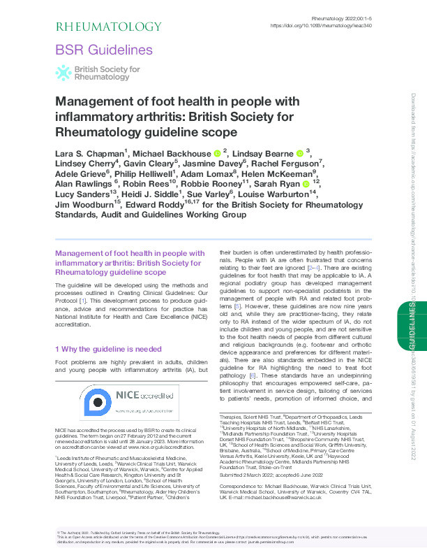Management of foot health in people with inflammatory arthritis: British Society for Rheumatology guideline scope. Thumbnail