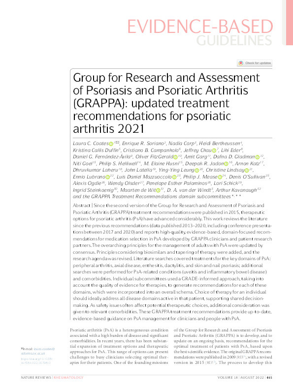 Group for Research and Assessment of Psoriasis and Psoriatic Arthritis (GRAPPA): updated treatment recommendations for psoriatic arthritis 2021. Thumbnail