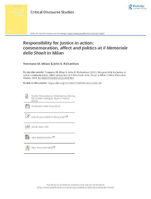 Responsibility for justice in action: commemoration, affect and politics at <i>Il Memoriale della Shoah</i> in Milan Thumbnail