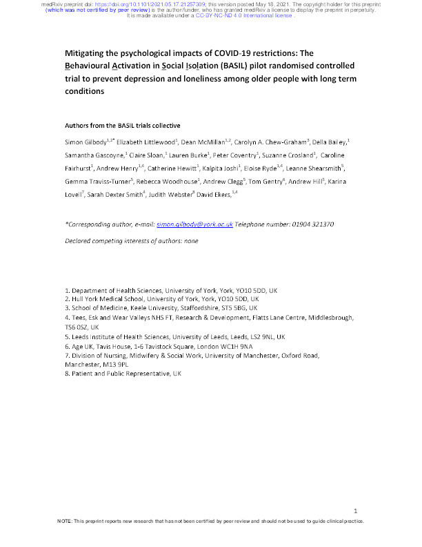 Mitigating the psychological impacts of COVID-19 restrictions: The Behavioural Activation in Social Isolation (BASIL) pilot randomised controlled trial to prevent depression and loneliness among older people with long term conditions Thumbnail