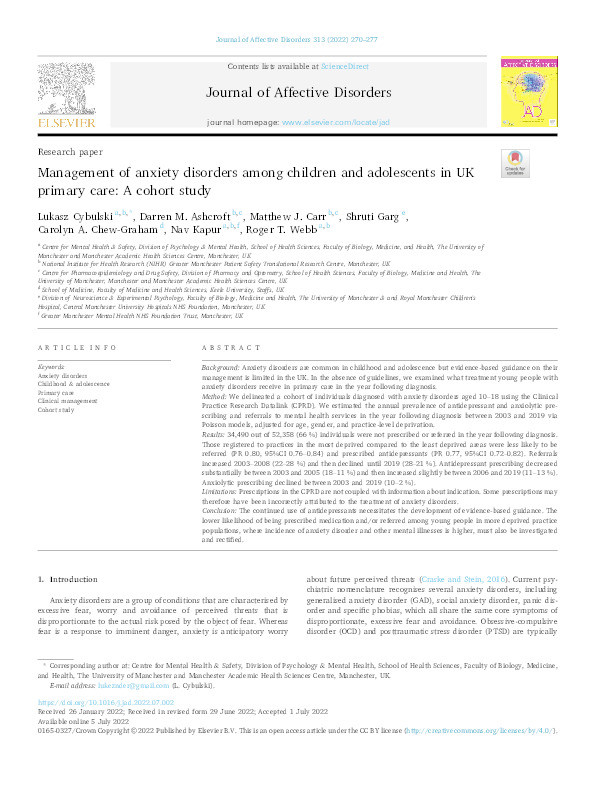 Management of anxiety disorders among children and adolescents in UK primary care: A cohort study. Thumbnail