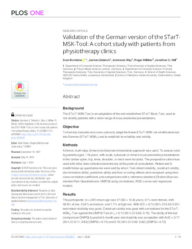 Validation of the German version of the STarT-MSK-Tool: A cohort study with patients from physiotherapy clinics. Thumbnail