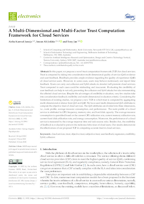 A Multi-Dimensional and Multi-Factor Trust Computation Framework for Cloud Services Thumbnail