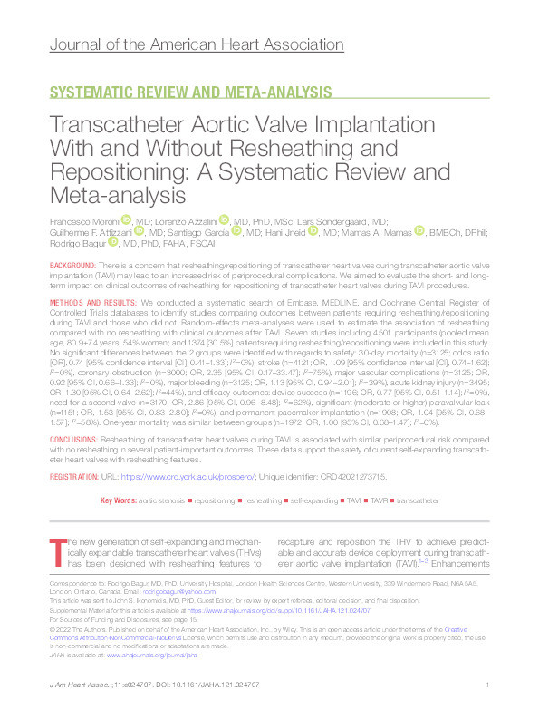 Transcatheter Aortic Valve Implantation With and Without Resheathing and Repositioning: A Systematic Review and Meta-analysis Thumbnail
