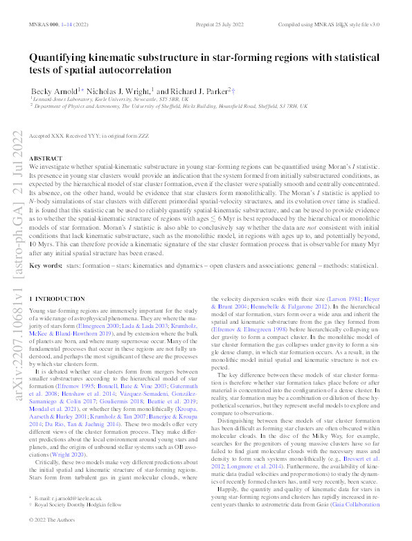 Quantifying kinematic substructure in star-forming regions with statistical tests of spatial autocorrelation Thumbnail