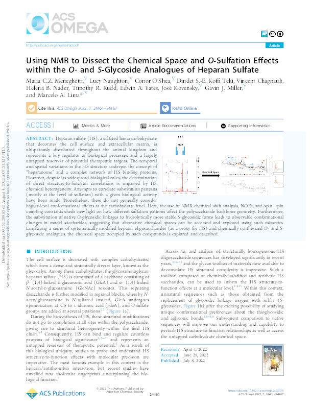 Using NMR to Dissect the Chemical Space and O-Sulfation Effects within the O- and S-Glycoside Analogues of Heparan Sulfate. Thumbnail