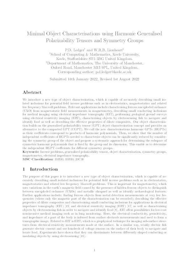 Minimal Object Characterisations using Harmonic Generalised Polarizability Tensors and Symmetry Groups Thumbnail