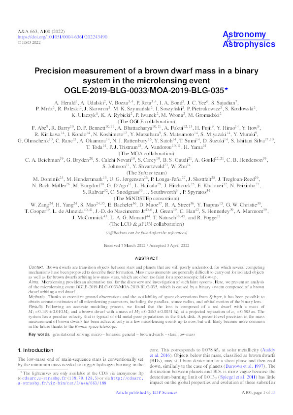 Precision measurement of a brown dwarf mass in a binary system in the microlensing event OGLE-2019-BLG-0033/MOA-2019-BLG-035 Thumbnail