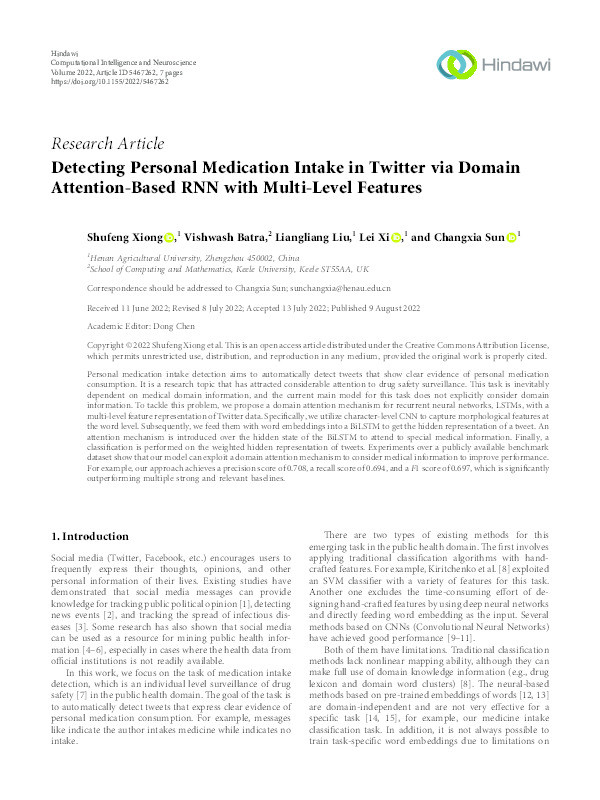 Detecting Personal Medication Intake in Twitter via Domain Attention-Based RNN with Multi-Level Features Thumbnail