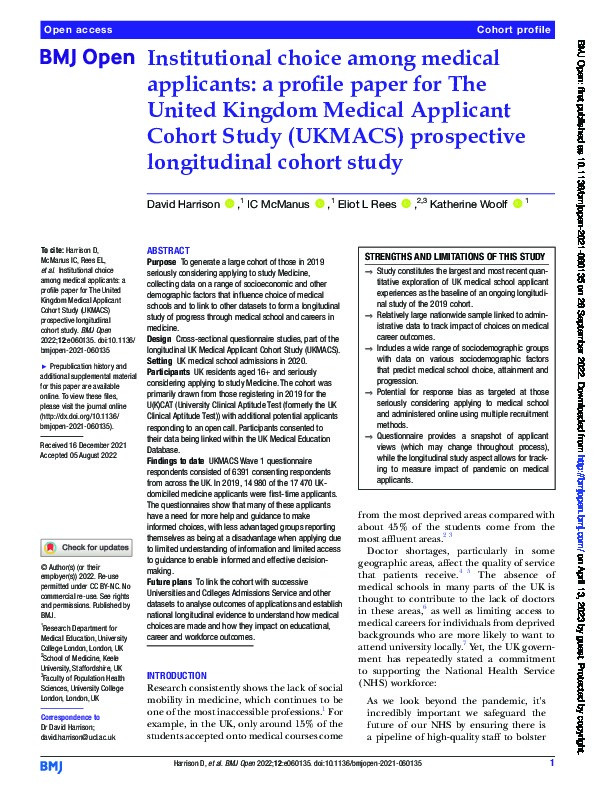 Cohort Profile: Institutional choice among medical applicants: a profile paper for The United Kingdom Medical Applicant Cohort Study (UKMACS) prospective longitudinal cohort study Thumbnail
