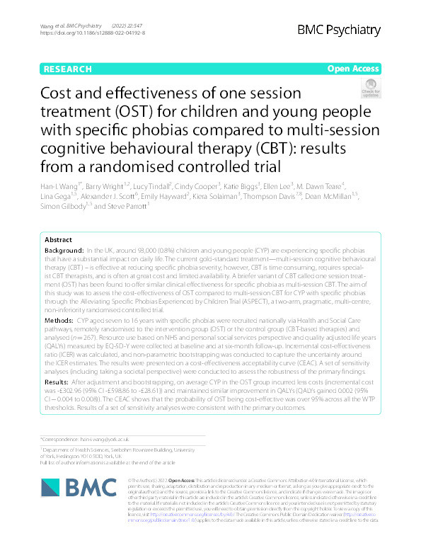 Cost and effectiveness of one session treatment (OST) for children and young people with specific phobias compared to multi-session cognitive behavioural therapy (CBT): results from a randomised controlled trial Thumbnail