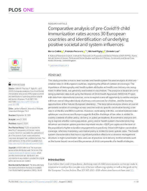 Comparative analysis of pre-Covid19 child immunization rates across 30 European countries and identification of underlying positive societal and system influences. Thumbnail