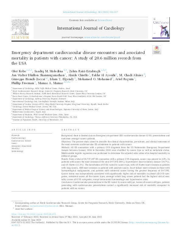 Emergency department cardiovascular disease encounters and associated mortality in patients with cancer: A study of 20.6 million records from the USA. Thumbnail