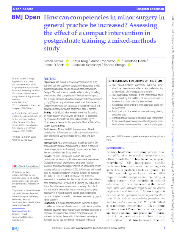 How can competencies in minor surgery in general practice be increased? Assessing the effect of a compact intervention in postgraduate training: a mixed-methods study Thumbnail