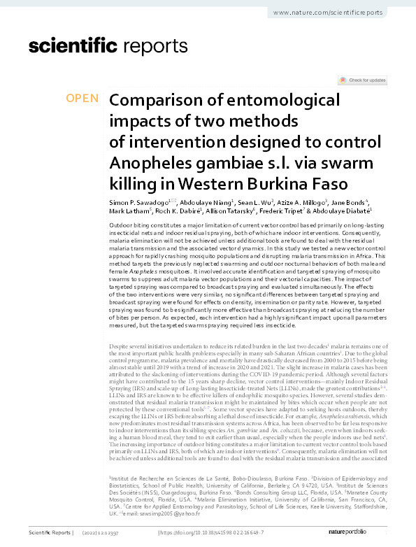 Comparison of entomological impacts of two methods of intervention designed to control Anopheles gambiae s.l. via swarm killing in Western Burkina Faso. Thumbnail