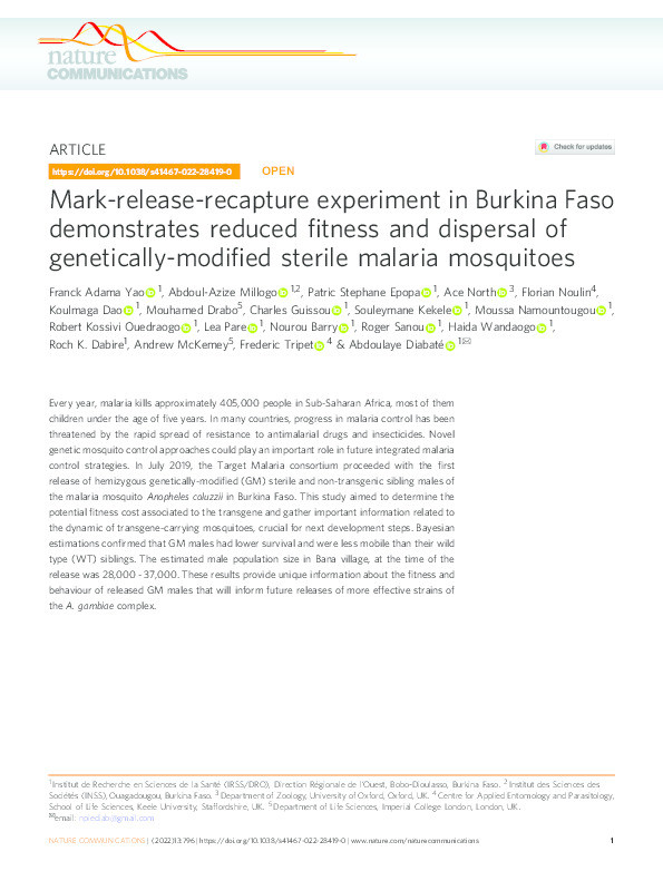 Mark-release-recapture experiment in Burkina Faso demonstrates reduced fitness and dispersal of genetically-modified sterile malaria mosquitoes Thumbnail
