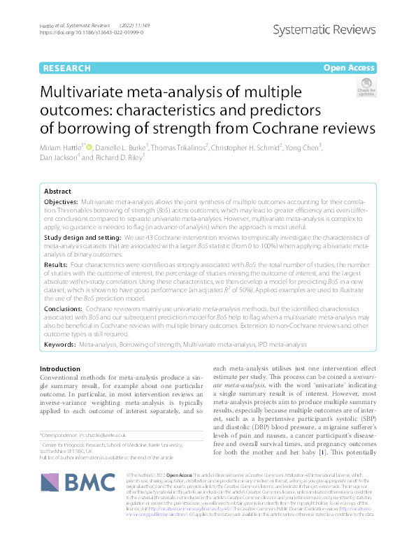 Multivariate meta-analysis of multiple outcomes: characteristics and predictors of borrowing of strength from Cochrane reviews. Thumbnail