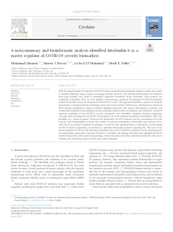 A Meta-summary and Bioinformatic Analysis Identified Interleukin 6 as a Master Regulator of COVID-19 Severity Biomarkers Thumbnail