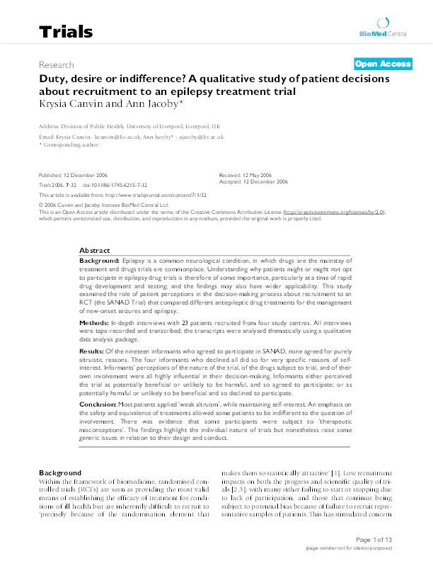 Duty, desire or indifference? A qualitative study of patient decisions about recruitment to an epilepsy treatment trial Thumbnail
