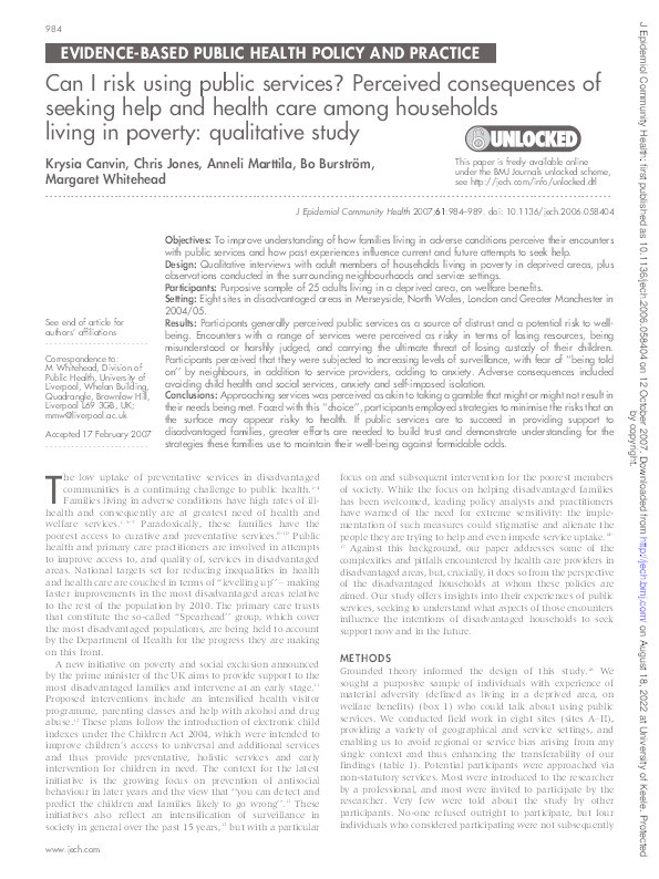 Can I risk using public services? Perceived consequences of seeking help and health care among households living in poverty: Qualitative study Thumbnail