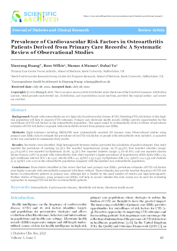 Prevalence of Cardiovascular Risk Factors in Osteoarthritis Patients Derived from Primary Care Records: A Systematic Review of Observational Studies. Thumbnail