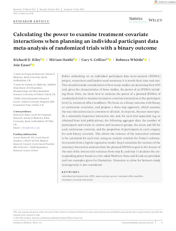 Calculating the power to examine treatment-covariate interactions when planning an individual participant data meta-analysis of randomized trials with a binary outcome. Thumbnail