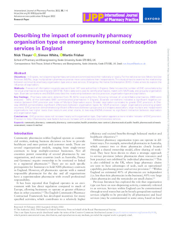 Describing the impact of community pharmacy organisation type on emergency hormonal contraception services in England. Thumbnail