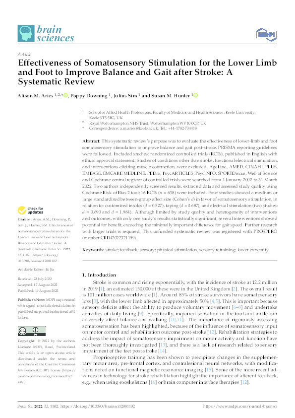 Effectiveness of Somatosensory Stimulation for the Lower Limb and Foot to Improve Balance and Gait after Stroke: A Systematic Review Thumbnail