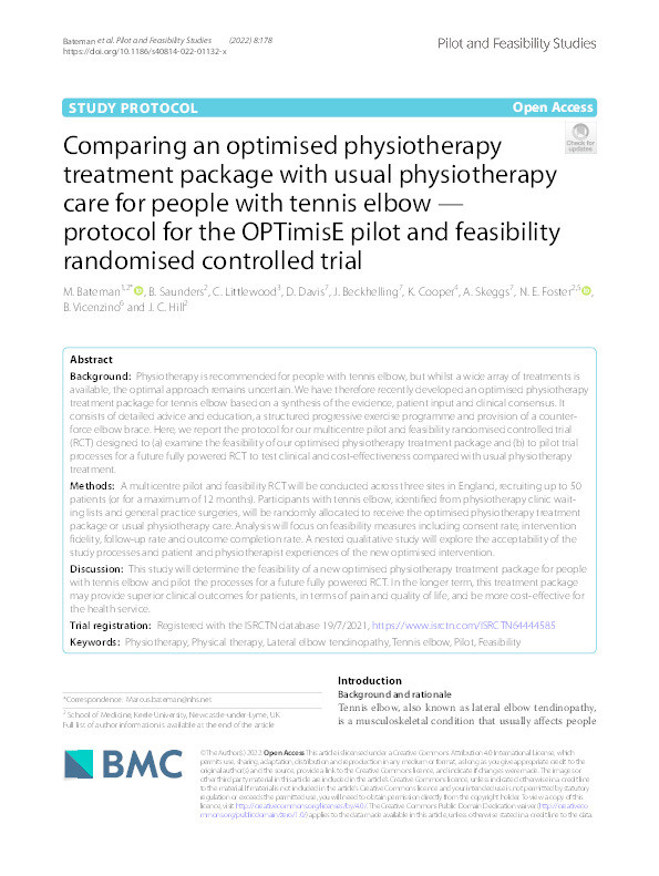 Comparing an optimised physiotherapy treatment package with usual physiotherapy care for people with tennis elbow - protocol for the OPTimisE pilot and feasibility randomised controlled trial. Thumbnail
