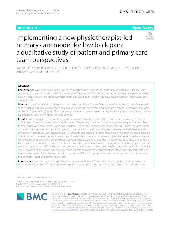 Implementing a new physiotherapist-led primary care model for low back pain: a qualitative study of patient and primary care team perspectives. Thumbnail