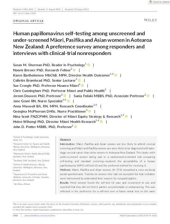 Human Papillomavirus self-testing among un- and under-screened Maori, Pasifika, and Asian women in Aotearoa New Zealand: a preference survey among responders and interviews with clinical-trial non-responders Thumbnail