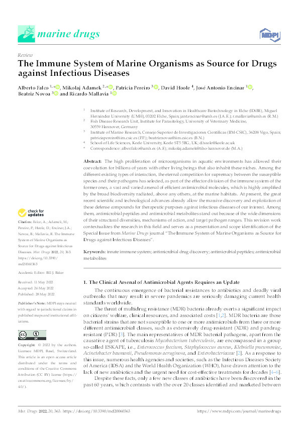 The Immune System of Marine Organisms as Source for Drugs against Infectious Diseases Thumbnail